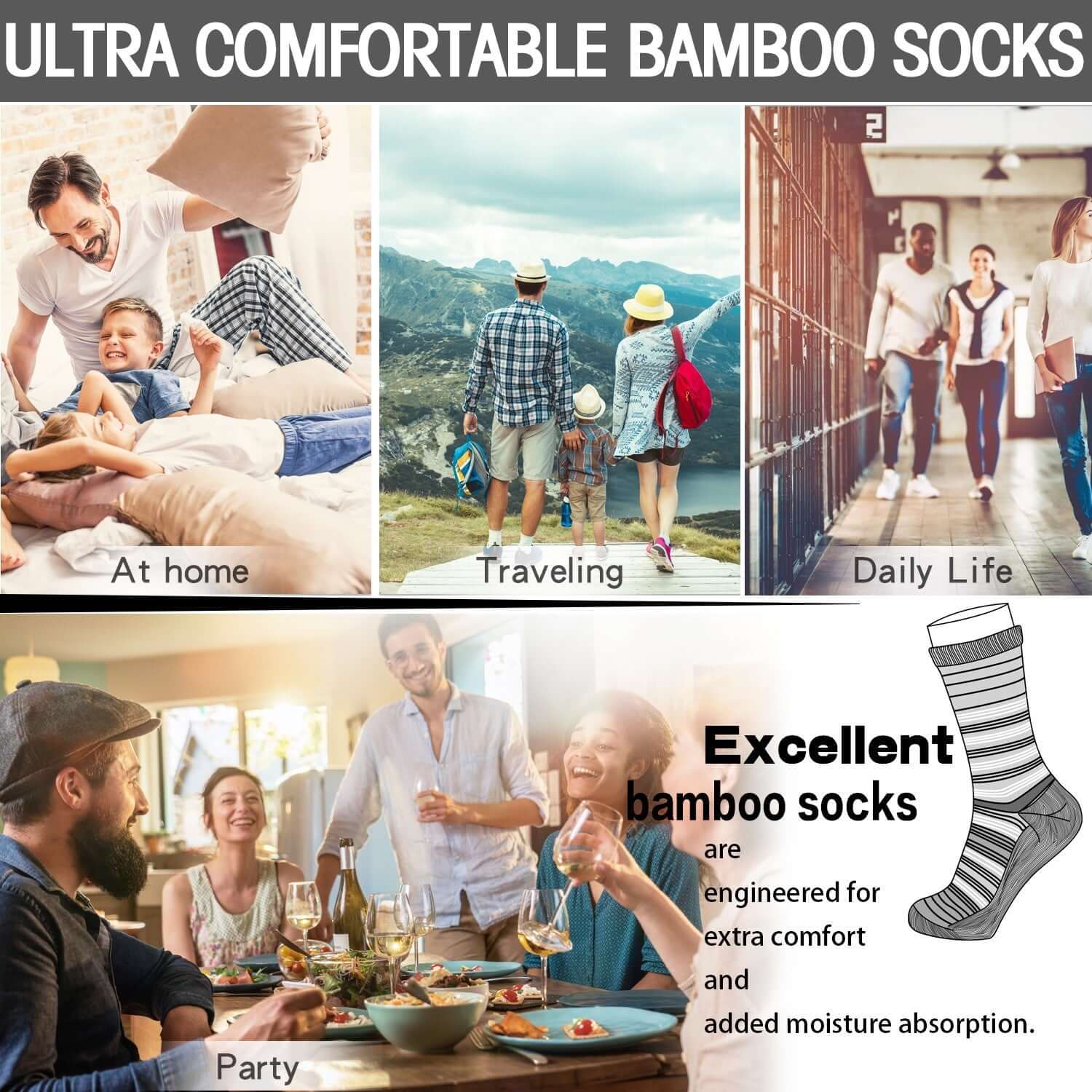 Striped Design, Bamboo Crew Dress Socks Cushioned, 4 Pairs - md-diab